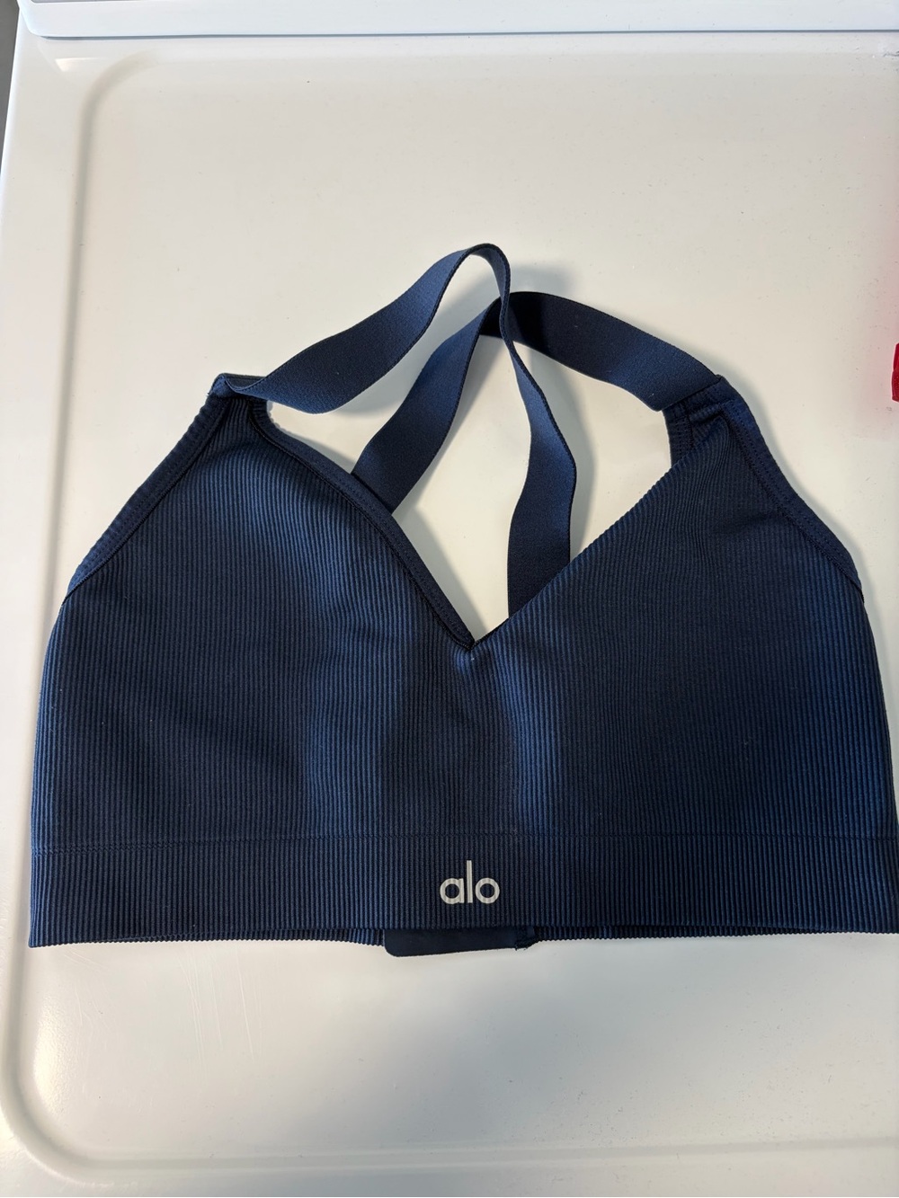 ALO Yoga Navy Ribbed V‑Neck Strappy Sports Bra